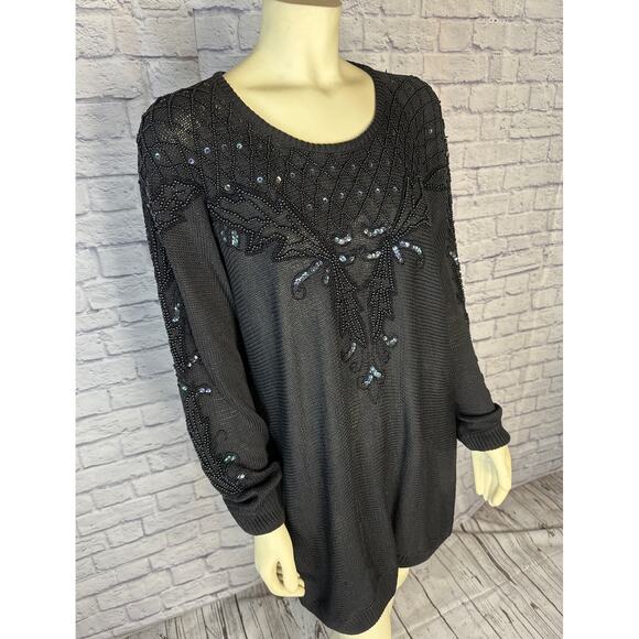 Vintage Y2K Victoria woman, black beaded oversized sweater size 1x - Picture 2 of 12